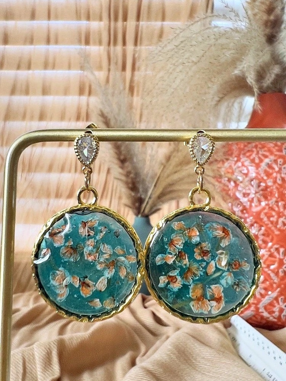 Handmade UV Resin Floral Blue & Orange Drop Earrings